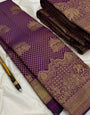 Most Flattering Purple Pure Zari Weaving Banarasi Silk Saree With Forbearance Blouse Piece