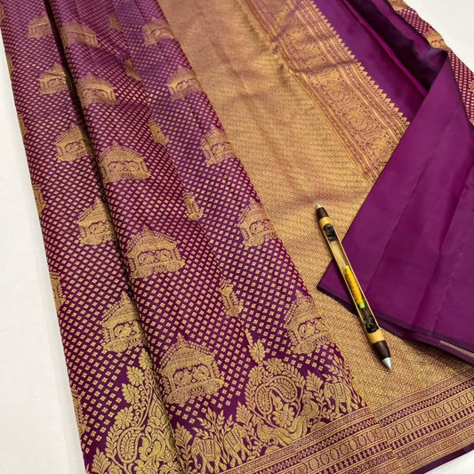 Most Flattering Purple Pure Zari Weaving Banarasi Silk Saree With Forbearance Blouse Piece
