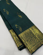 Embrocation Dark Green Pure Zari Weaving Banarasi Silk Saree With Stunner Blouse Piece