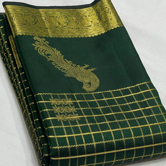 Glowing Dark Green Pure Zari Weaving Banarasi Silk Saree With Propinquity Blouse Piece