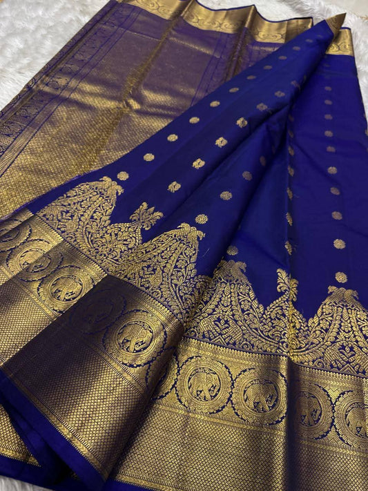 Snappy Navy Blue Pure Zari Weaving Banarasi Silk Saree With Blissful Blouse Piece
