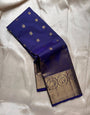 Snappy Navy Blue Pure Zari Weaving Banarasi Silk Saree With Blissful Blouse Piece