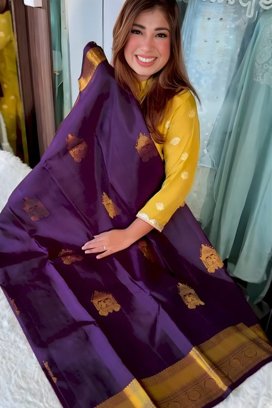 Seraphic Purple Pure Zari Weaving Banarasi Silk Saree With Imbrication Blouse Piece