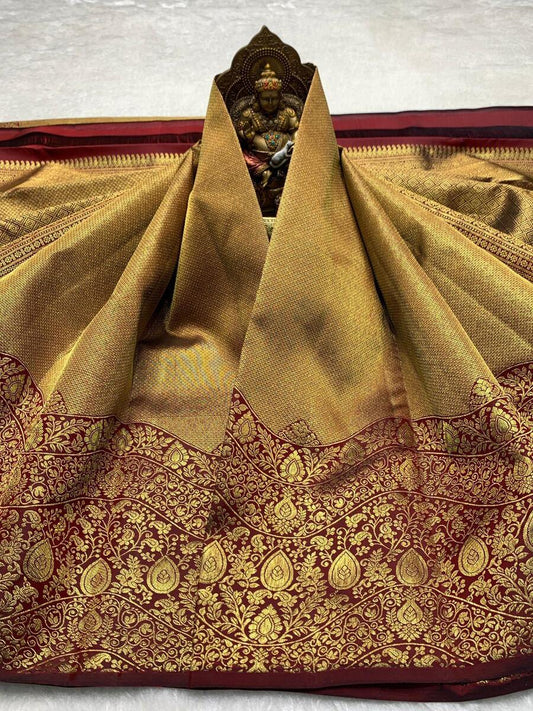 Gorgeous Maroon Pure Zari Weaving Banarasi Silk Saree With Flameboyant Blouse Piece