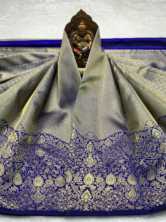 Precious Royal Blue Pure Zari Weaving Banarasi Silk Saree With Glorious Blouse Piece