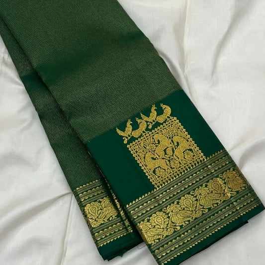 Desirable Dark Green Pure Zari Weaving Banarasi Silk Saree With Engaging Blouse Piece