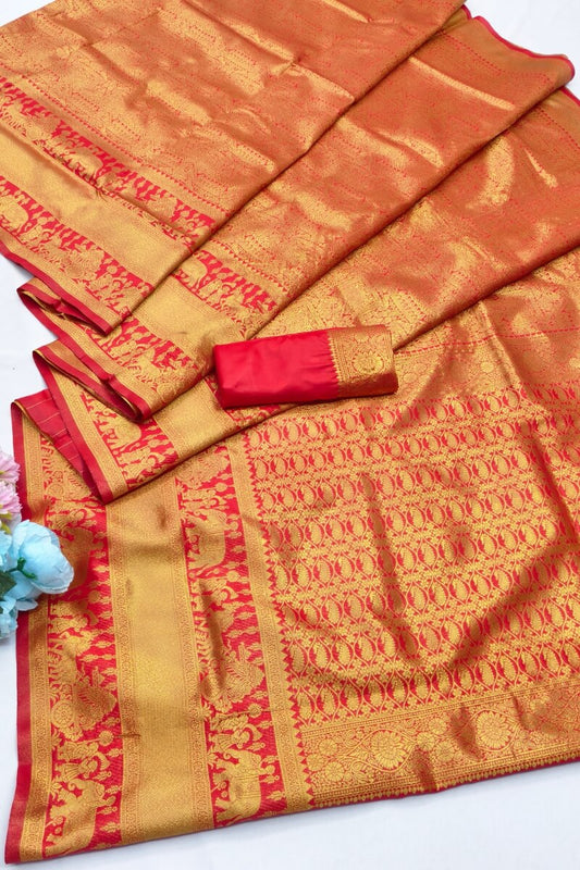 Denouement Red Pure Zari Weaving Banarasi Silk Saree With Woebegone Blouse Piece