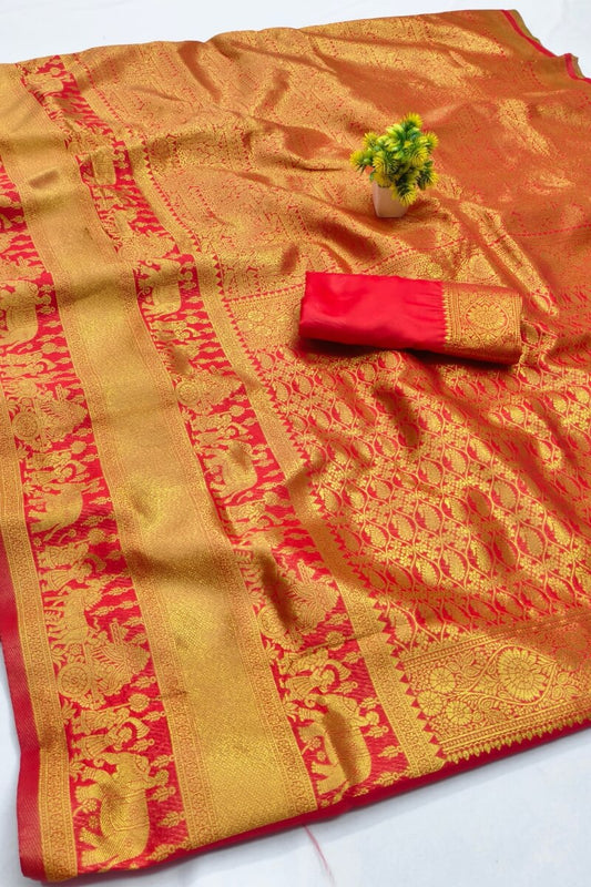Denouement Red Pure Zari Weaving Banarasi Silk Saree With Woebegone Blouse Piece