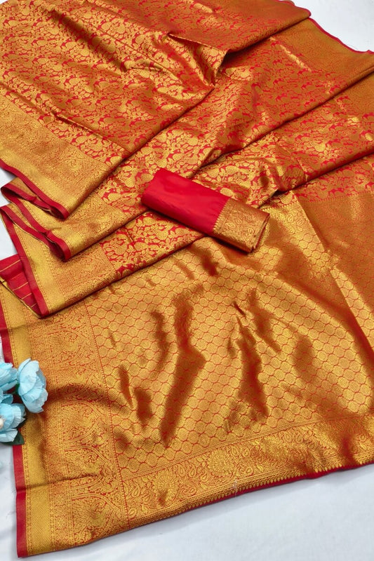 Lustrous Red Pure Zari Weaving Banarasi Silk Saree With Rhapsodic Blouse Piece