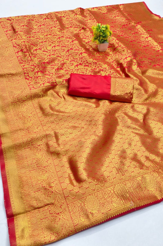 Lustrous Red Pure Zari Weaving Banarasi Silk Saree With Rhapsodic Blouse Piece