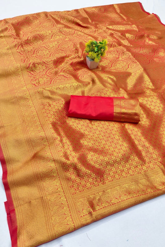 Pretty Red Pure Zari Weaving Banarasi Silk Saree With Desuetude Blouse Piece