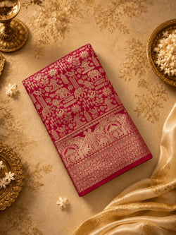 Exuberant Dark Pink Pure Zari Weaving Banarasi Silk Saree With Scintilla Blouse Piece