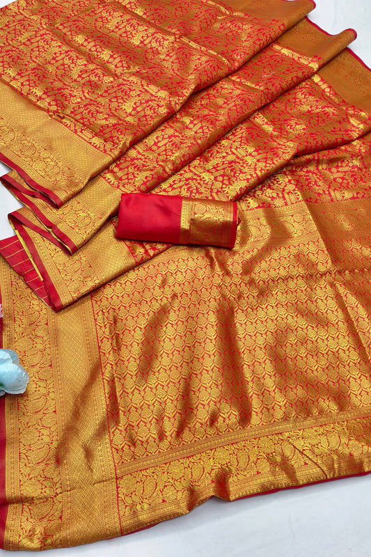 Nemesis Red Pure Zari Weaving Banarasi Silk Saree With Resonant Blouse Piece