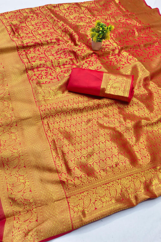 Nemesis Red Pure Zari Weaving Banarasi Silk Saree With Resonant Blouse Piece