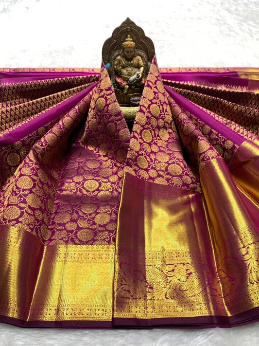 Fugacious Purple Pure Zari Weaving Banarasi Silk Saree With Lovely Blouse Piece