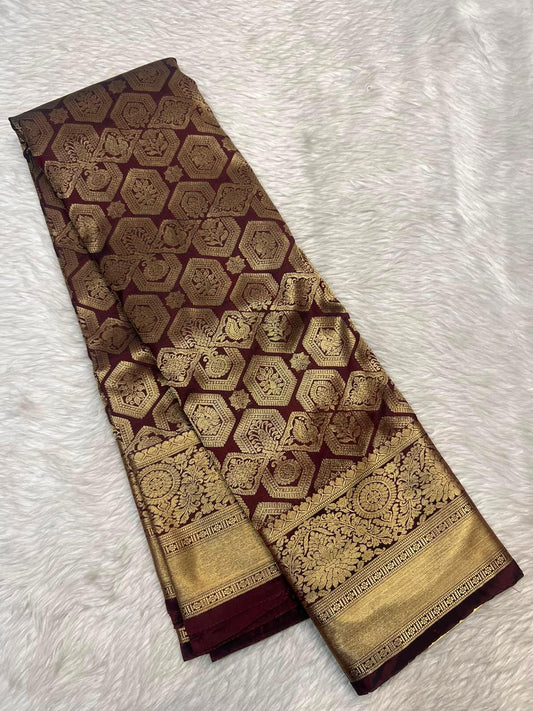 Exemplary Brown Pure Banarasi Silk Saree With Efflorescence Blouse Piece