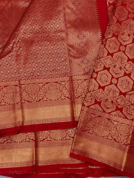 Resplendent Red Pure Banarasi Silk Saree With Designer Blouse Piece
