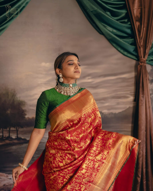 Intricate Red Pure Banarasi Silk Saree With Staggering Blouse Piece