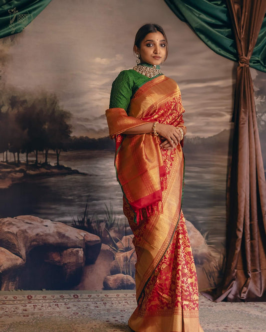 Intricate Red Pure Banarasi Silk Saree With Staggering Blouse Piece