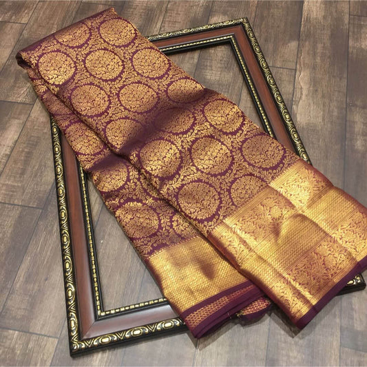 Eloquence Wine Pure Banarasi Silk Saree With Twirling Blouse Piece