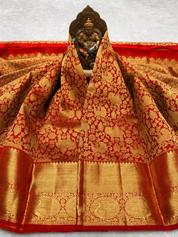 Piquant Red Pure Banarasi Silk Saree With Gossamer Blouse Piece