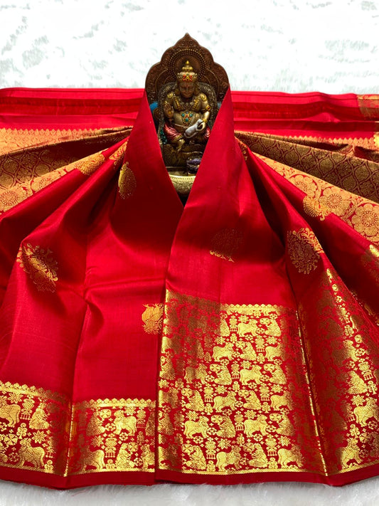 Pleasant Red Pure Banarasi Silk Saree With Bucolic Blouse Piece