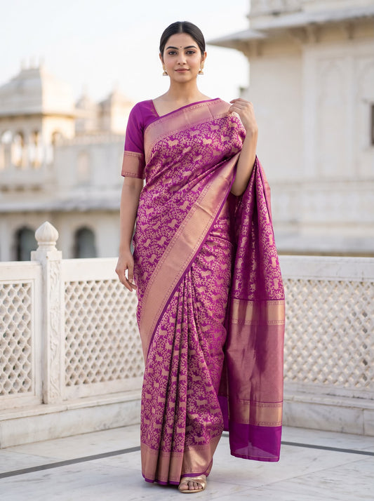 Tantalizing Dark Pink Pure Banarasi Silk Saree With Murmurous Blouse Piece