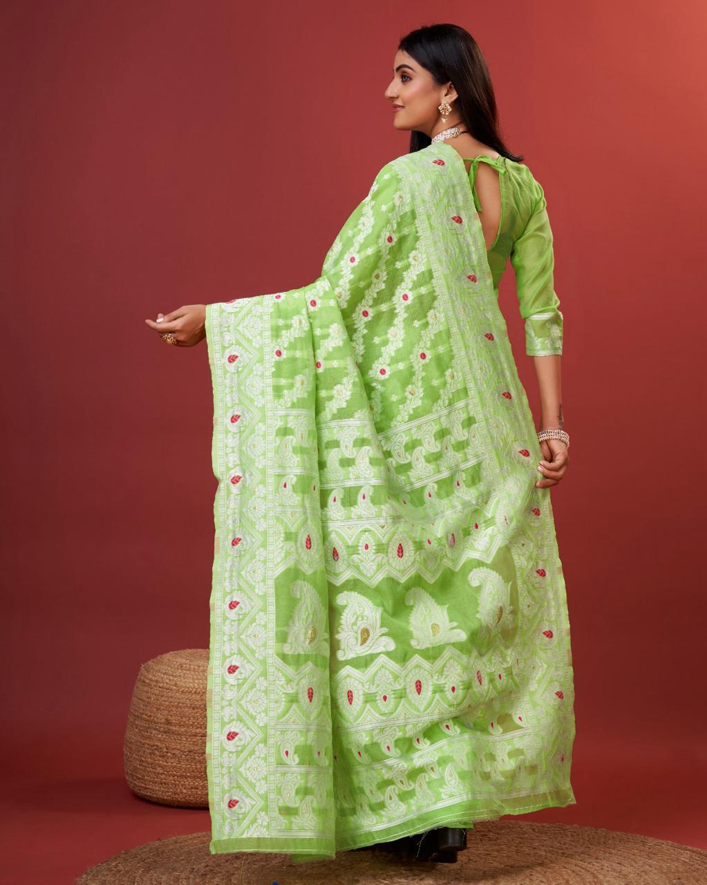Energetic Parrot Cotton Silk Saree With Lustrous Blouse Piece