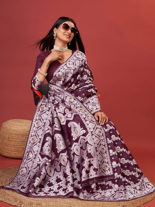 Intricate Wine Cotton Silk Saree With Seraphic Blouse Piece