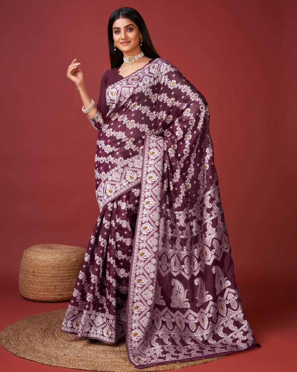 Intricate Wine Cotton Silk Saree With Seraphic Blouse Piece