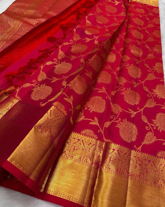 Precious Red Soft Banarasi Silk Saree With Extraordinary Blouse Piece