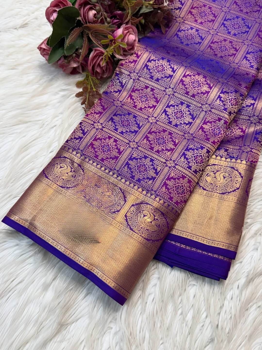 Glittering Purple Soft Banarasi Silk Saree With Denouement Blouse Piece