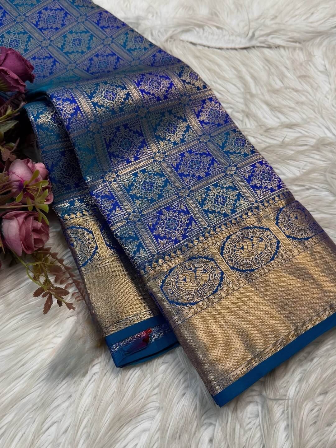 Trendy Blue Soft Banarasi Silk Saree With Super extravagant Blouse Piece