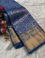 Trendy Blue Soft Banarasi Silk Saree With Super extravagant Blouse Piece