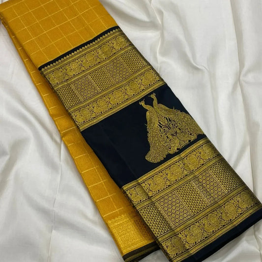 Trendy Yellow Pure Zari Weaving Banarasi Silk Saree With Supernal Blouse Piece