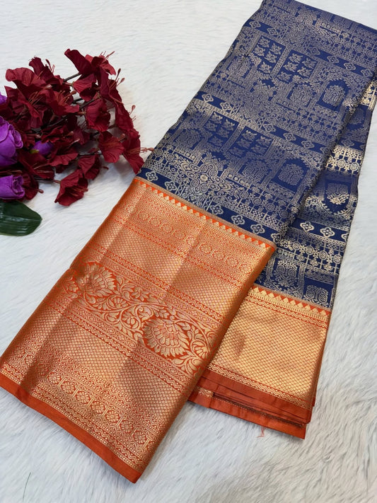 Panoply Navy Blue Pure Zari Weaving Banarasi Silk Saree With Snazzy Blouse Piece
