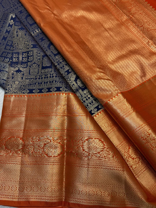 Panoply Navy Blue Pure Zari Weaving Banarasi Silk Saree With Snazzy Blouse Piece