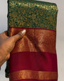 Stunner Dark Green Pure Zari Weaving Banarasi Silk Saree With Efflorescence Blouse Piece