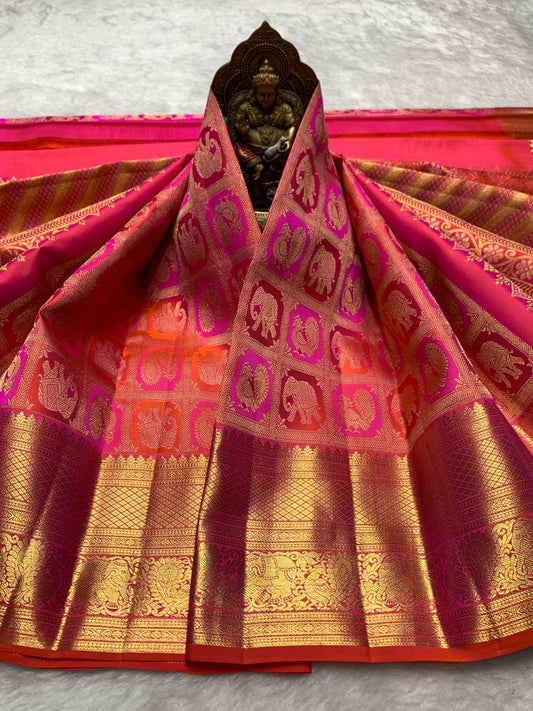 Enchanting Dark Pink Pure Zari Weaving Banarasi Silk Saree With Prodigal Blouse Piece