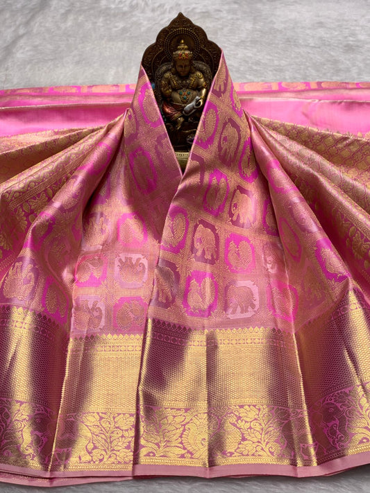 Zephyr Pink Pure Zari Weaving Banarasi Silk Saree With Traditional Blouse Piece