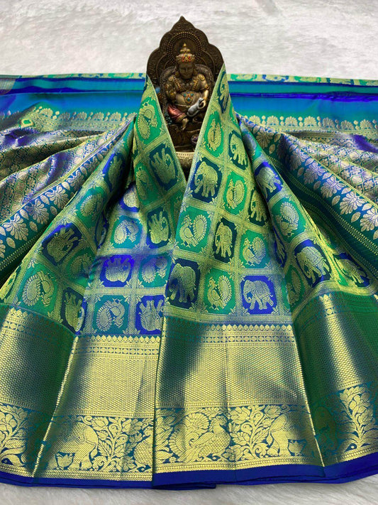 Elaborate Royal Blue Pure Zari Weaving Banarasi Silk Saree With Adorable Blouse Piece