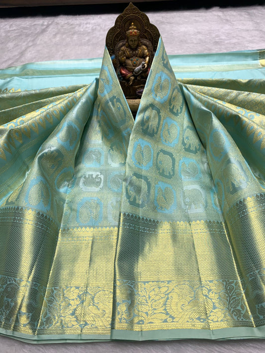 Phenomenal Sky Pure Zari Weaving Banarasi Silk Saree With Proficient Blouse Piece
