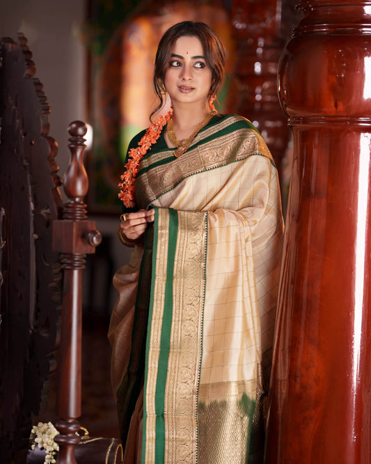 Glittering Beige Pure Banarasi Silk Saree With Pleasurable Blouse Piece