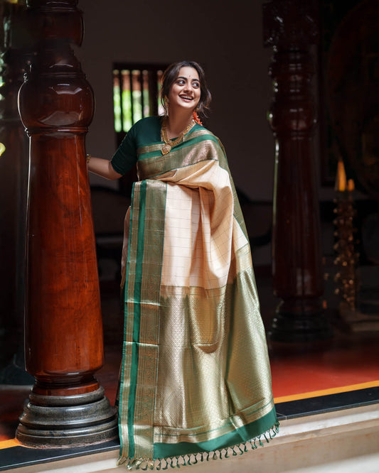 Glittering Beige Pure Banarasi Silk Saree With Pleasurable Blouse Piece