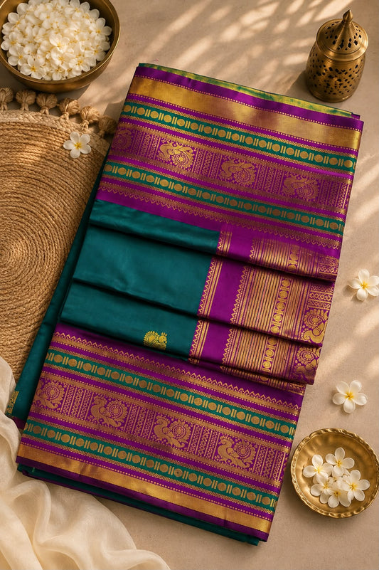 Seraphic Rama Pure Banarasi Silk Saree With Petrichor Blouse Piece
