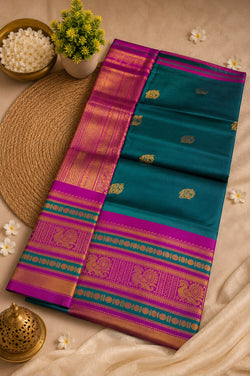 Seraphic Rama Pure Banarasi Silk Saree With Petrichor Blouse Piece