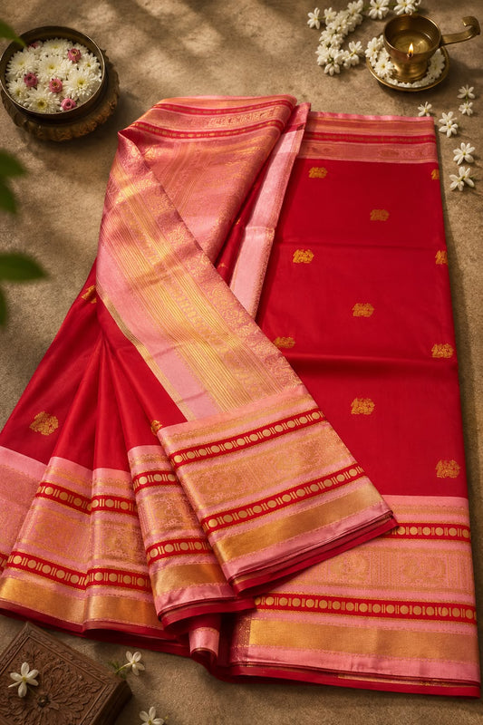 Vestigial Red Pure Banarasi Silk Saree With Glamorous Blouse Piece