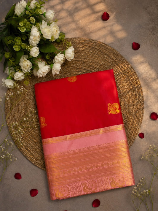 Vestigial Red Pure Banarasi Silk Saree With Glamorous Blouse Piece
