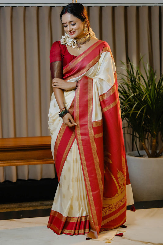Innovative Beige Pure Banarasi Silk Saree With Lustrous Blouse Piece