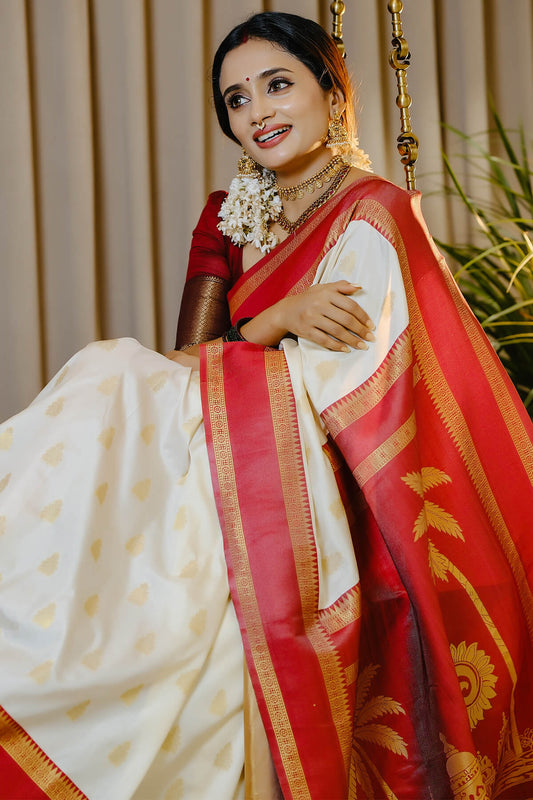 Innovative Beige Pure Banarasi Silk Saree With Lustrous Blouse Piece